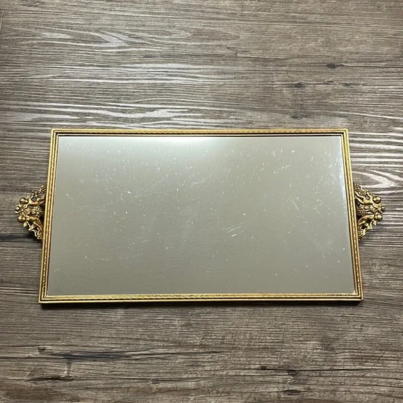 Accents | Vintage Gold Filigree Mirrored Dresser Tray With Cherub Handles |  Poshmark